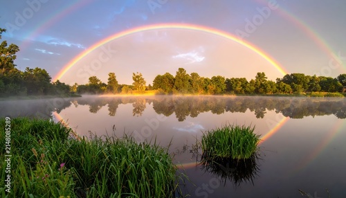 Double rainbow arches over misty lake at sunrise with lush green forest reflections