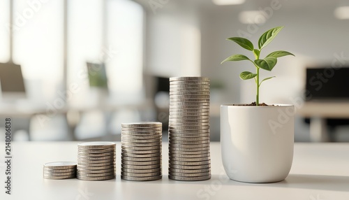 Rising stacks of silver coins next to a growing green plant in a white pot on an office desk, symbolizing wealth accumulation and investment
