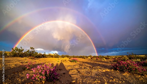 Double rainbow arching over a desert landscape with flowering bushes after a storm