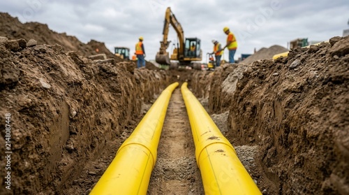 Yellow gas pipeline installed in a construction trench for natural gas infrastructure and energy distribution.