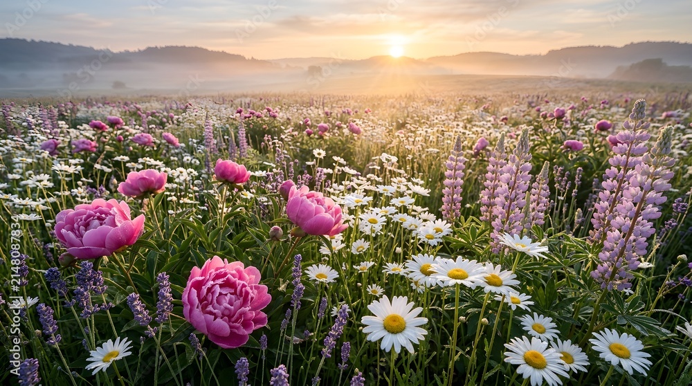 Obraz premium Wildflower meadow with peonies daisies and lupines at sunrise 