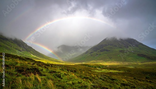 Double Rainbow Arching Over Lush Green Mountains and Valley Under Dramatic Stormy Skies