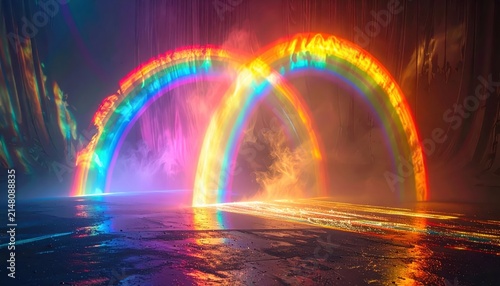 Double Rainbow Archway Illuminated by Vibrant Neon Lights Over Wet Reflective Ground in Dark Ambiance