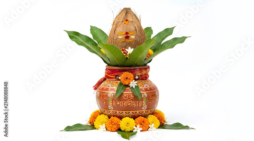 Beautiful traditional Durga Puja kalash with mango leaves and coconut, isolated on pure white background,