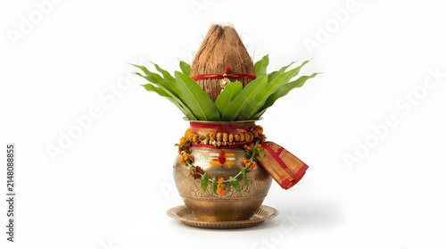 Beautiful traditional Durga Puja kalash with mango leaves and coconut, isolated on pure white background,
