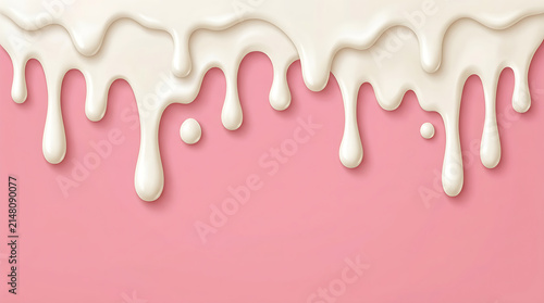 Viscous white cream drops melting down against a soft pastel pink background with subtle drop shadows.