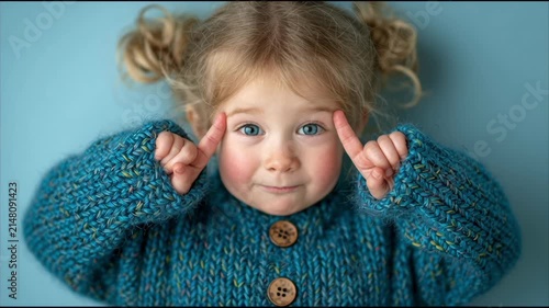 Caucasian toddler girl lying on blue background, pointing to her eyes with a wide-eyed surprised expression.