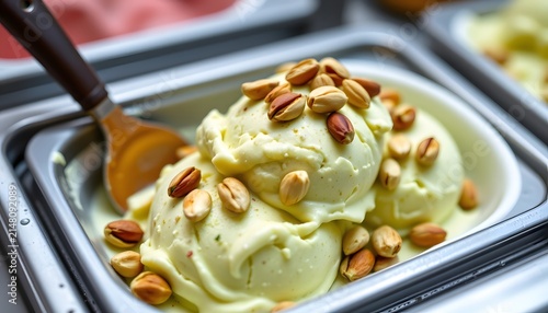 fresh pistachio gelato in a traditional gelato display case, topped with whole roasted pistachios, luxurious italian dessert, ultra realistic, clean composition, white background.