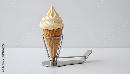 ice cream cone holder stand made of stainless steel, professional serving accessory, isolated on white background.