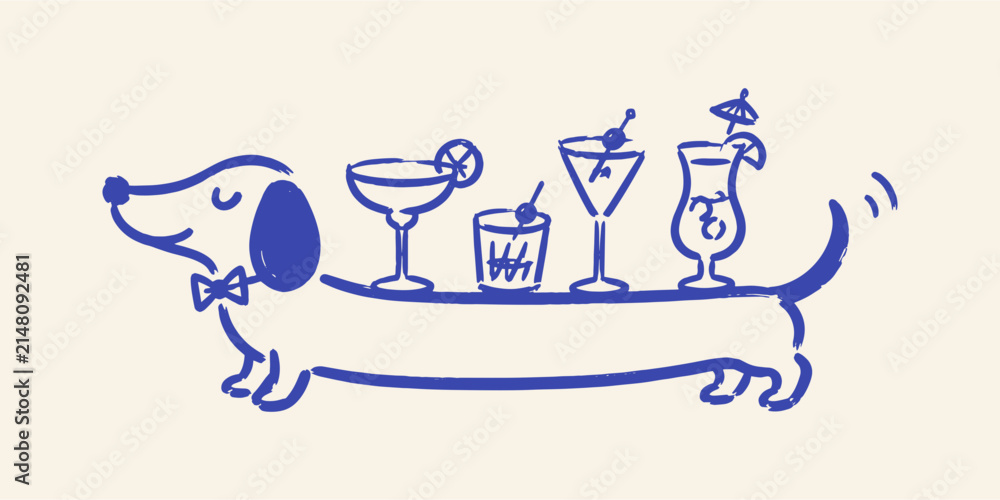 Obraz premium Dachshund Cocktail Waiter Naive Art Vector Illustration