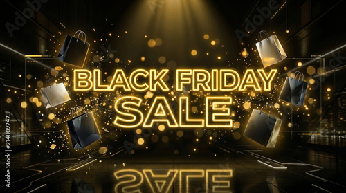 black friday sale glowing neon text with luxury shopping bags and golden bokeh background