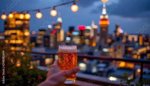 beer served during a rooftop evening party, blurred city skyline lights, warm festive mood, generous copy space.