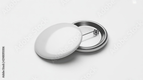 Front and back view of white blank round badges isolated on white background