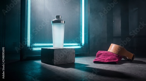Translucent shaker bottle on concrete riser with gym towel and weightlifting belt