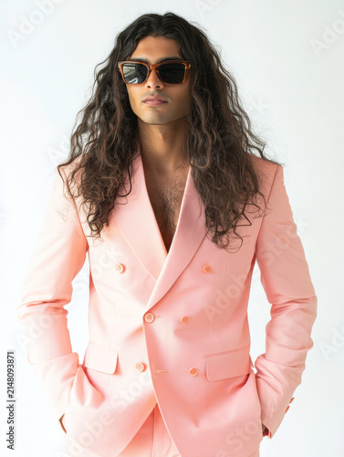 Man in pink suit with sunglasses poses confidently against a white background