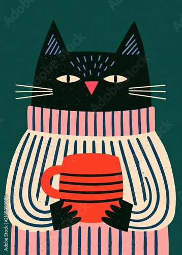 Creative Cat Graphic Design Clip Art Featuring Whiskers and Cup