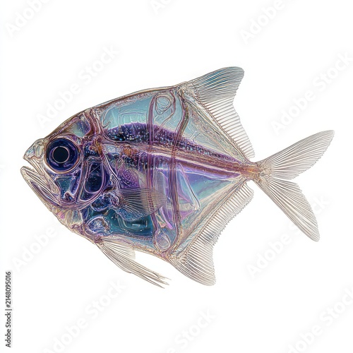 An exquisitely preserved glassfish displays its transparent body, revealing the delicate internal structure and iridescent organs in a stunning, scientifically accurate portrayal.