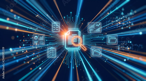 Digital data search with magnifying glass, document icon in high speed network, abstract technology background for file analysis