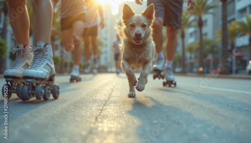 Dog running alongside roller skaters in urban environment, sunlight illuminating lively scene with energetic movement. Dog and skaters create fun atmosphere in park, capturing joyful moments.