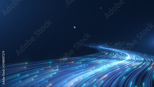Obraz na plátně Abstract glowing blue light trail road, futuristic digital highway technology b
