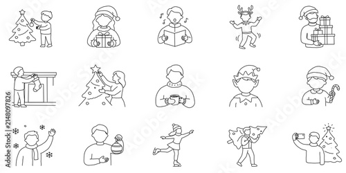 Christmas and New Year People Line Icons Set isolated on transparent or white background, png