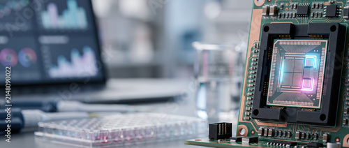 Microchip circuit board on desk in modern laboratory