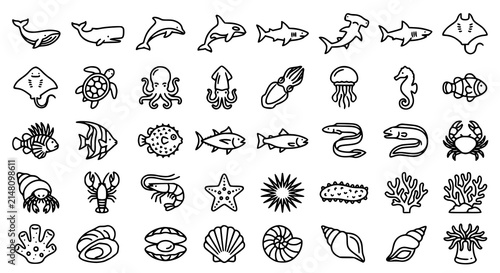 40 Clean Monoline Sea Creature Icons for Marine Education and Aquarium Branding Vector Collection