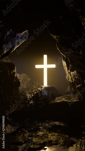 Сamera fly through cave toward glowing cross at nigh