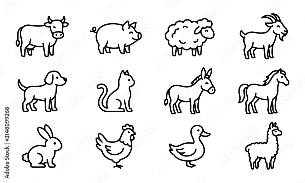 Obraz premium Farm Animal Outline Vector Icons Domestic Livestock Collection