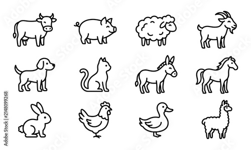 Farm Animal Outline Vector Icons Domestic Livestock Collection