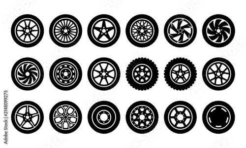 Automotive Wheel Rim Tire Vector Icon Collection