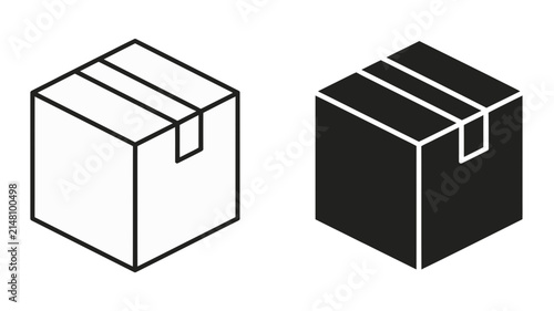 Minimalist cube packaging icon set featuring outline and solid silhouette design