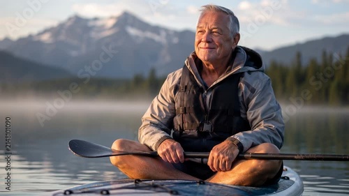 Happy senior man enjoying paddleboarding on a calm mountain lake at sunrise. Peaceful outdoor activity, active retirement, and serene nature landscape with lake mist.