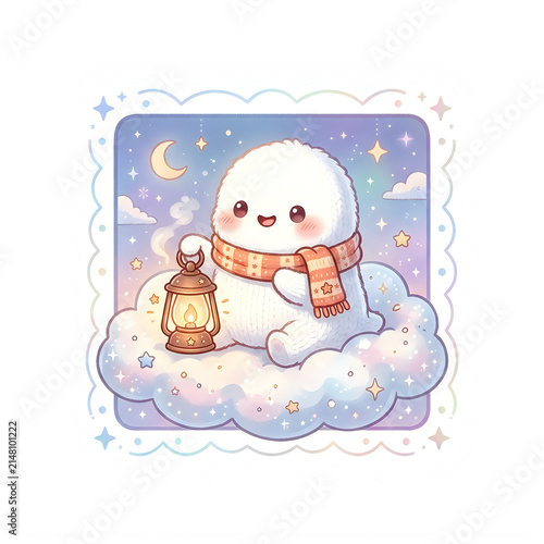 Cute moe snowman wearing warm scarf and holding vintage lantern. Chibi kawaii winter character illustration on galaxy night sky background. Adorable cartoon winter design template. Kawaii style