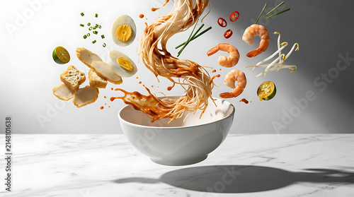 Delicious Mee Siam Noodle Dish with Shrimp Egg and Tofu Ingredients Levitating Above a White Bowl Against a White Marble Countertop
