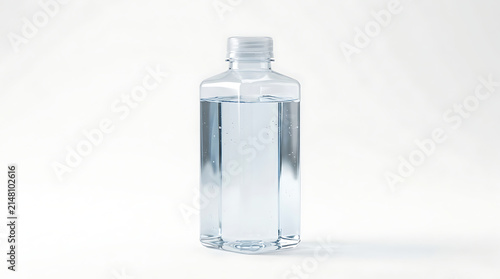 Clear plastic bottle filled with transparent liquid, isolated on a white background, with subtle shadows, showcasing purity and