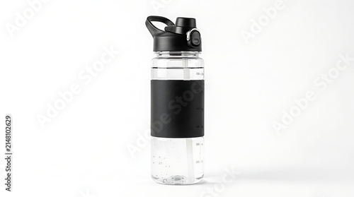 Clear plastic water bottle with black grip and straw, isolated on white background, for hydration and fitness