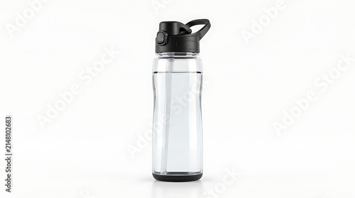 Clear transparent plastic water bottle with black flip-top lid and handle, filled with clear liquid, isolated on a white background