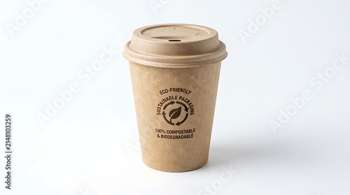 Eco-friendly brown kraft paper disposable coffee cup with sustainable packaging and text, on white.keywords: eco-friendly, brown, kraft, paper
