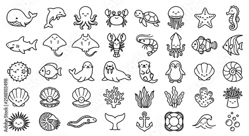 Cute Sea Animals Vector Clipart Set – Minimal Ocean Life Outline Doodle Collection
