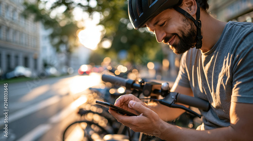 Photorealistic adult commuter safely unlocking a shared electric scooter using a smartphone, wearing a properly fitted helmet beside a bicycle lane, realistic European city