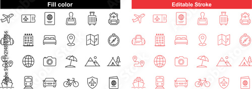 Travel and tourism outline icons set. Vector collection of vacation and holiday symbols.