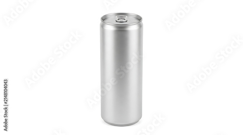 Sleek, silver aluminum beverage can with a pull-tab lid, standing upright on a pure white background.keywords: sleek, silver, aluminum