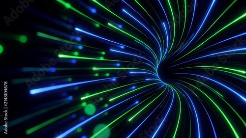 Abstract Green and Blue Glowing Light Trails Forming Digital Tunnel, Financial Technology Background, Digital Payments, FinTech Data Connectivity