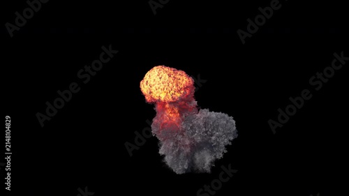 Fiery explosion with rising smoke on alpha channel. 3d animation of fire explosion expanding with thick smoke. Isolated explosion effect with bright fire and dark smoke