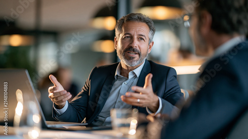 Photorealistic employee politely declining an additional task during a professional conversation while maintaining confident body language, manager listening respectfully, modern