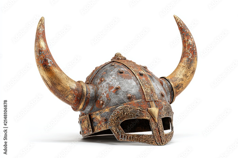 Fototapeta premium A weathered, horned helmet, reminiscent of Viking warriors, stands as a symbol of ancient combat and historical prowess.
