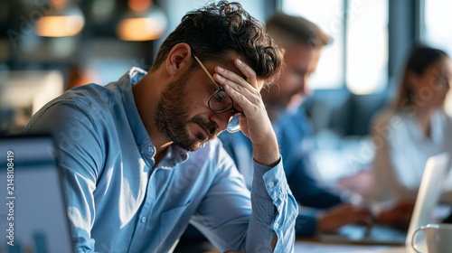 Photorealistic project manager making a subtle facepalm after noticing an obvious mistake in a presentation, colleagues preparing to correct it together, natural office humor,