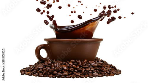 Photography Brown coffee cup with splash and falling drops surrounded by roasted beans, isol