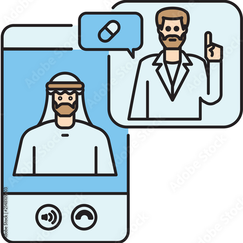 A male doctor provides advice on medication to an Arab patient via smart phone